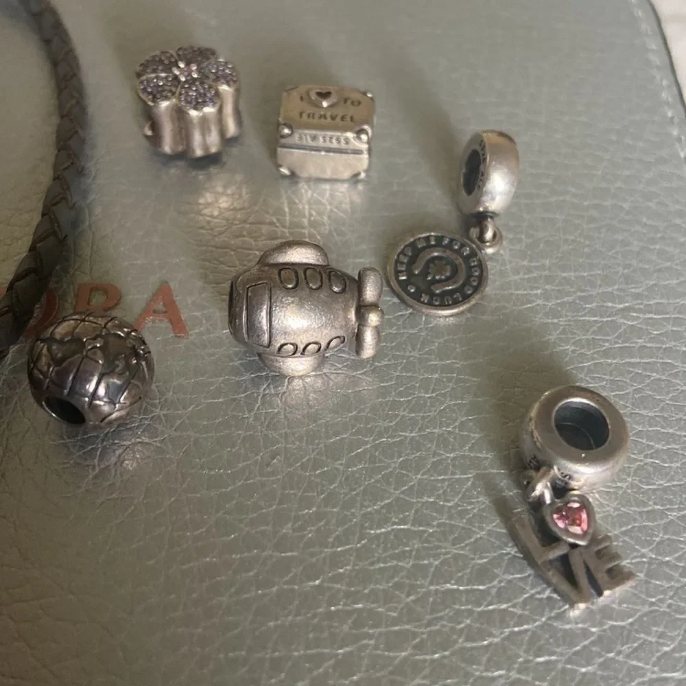 Pandora silver gray bracelet 7 pendants and box